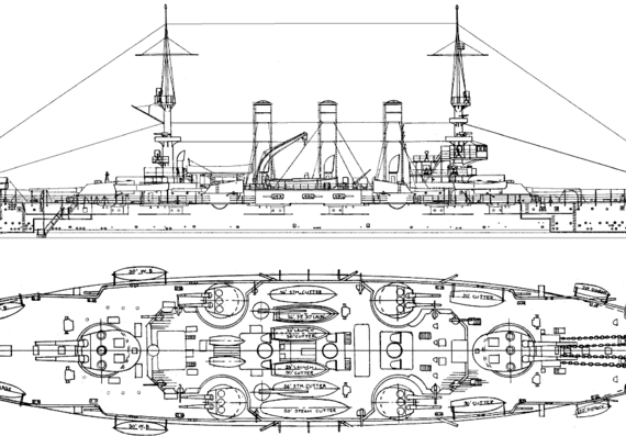 Корабль USS BB-21 Kansas [Battleship] (1907) - чертежи, габариты, рисунки